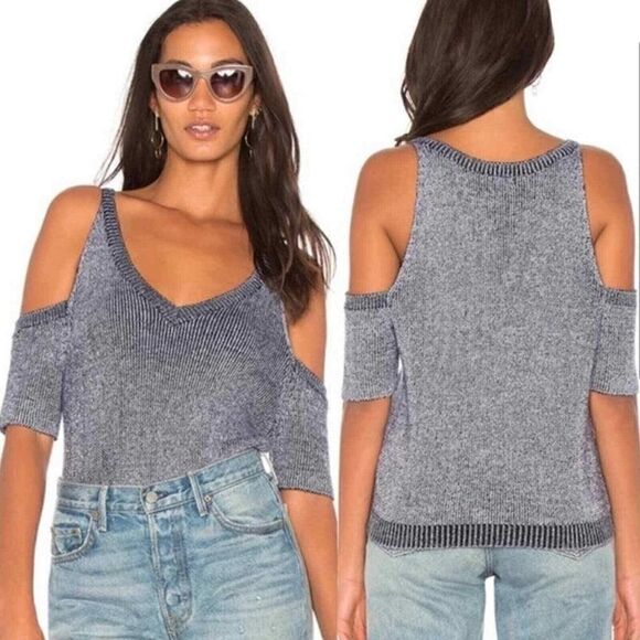 NEW! Splendid Blue Marled Cold Shoulder V Neck Short Sleeve wool blend sweater M - Picture 1 of 6